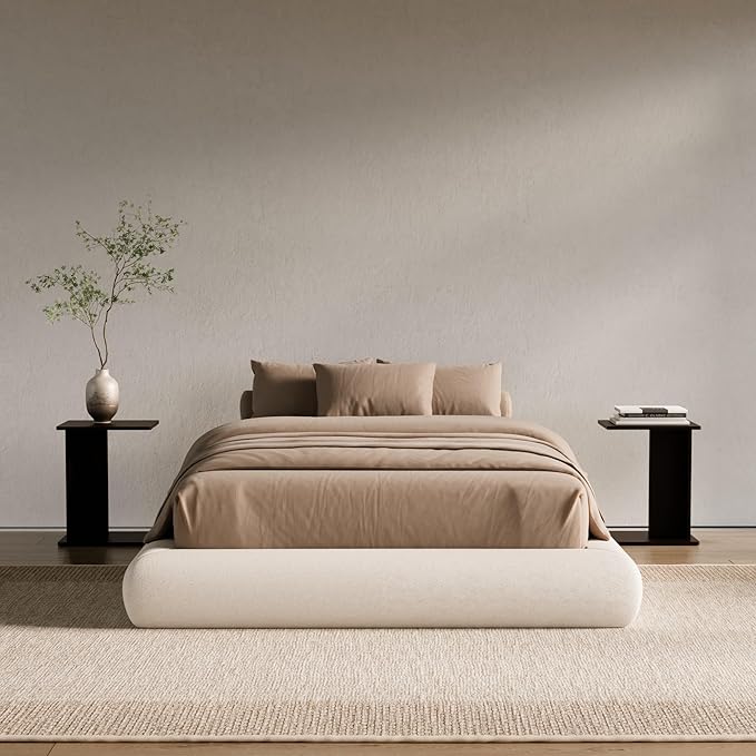 RECCI AirFrame Half-Moon Upholstered Full Platform Bed Frame, Velvet Curved Arched Base, 5 Inch Fully Round Cushioned Foam, No Box Spring Needed, Easy Assembly | Round Shaped, Boucle, Low-profile, Soft