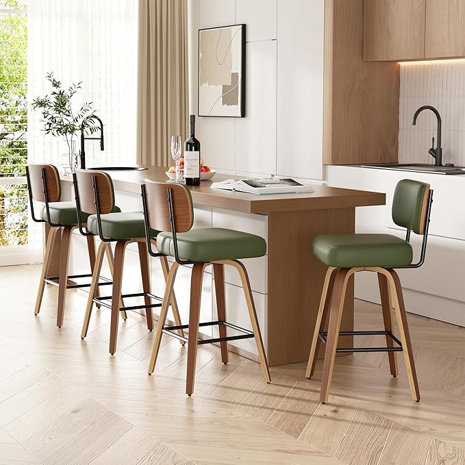 Swivel Bar Stools Set of 4, 26" Upholstered Faux Leather Counter Height Barstools with Walnut Back & Bentwood Legs, Mid Century Modern Bar Chairs Island Stools for Kitchen Counter, Green