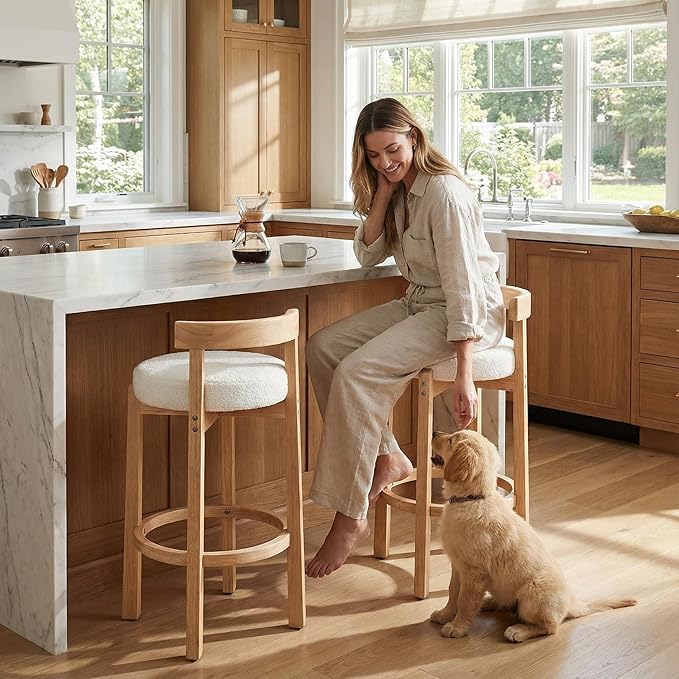 LukeAlon Mid Century Sherpa Bar Stools Set of 2, 30.25" Seat Height Upholstered Barstools with Wood Legs Modern Tall Bar Chair with Curved Low Back Round Footrest for Pub Home Kitchen Island, White