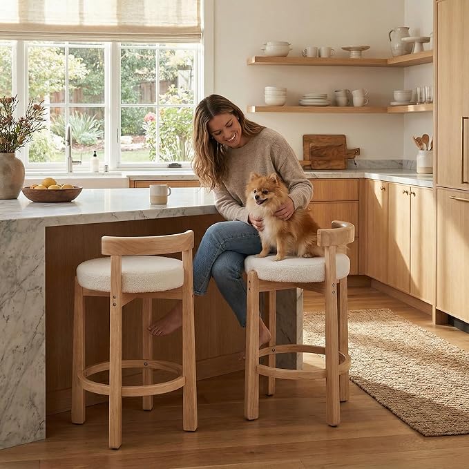 LukeAlon Sherpa Counter Stools Set of 2, Mid Century Upholstered 26.5" Seat Height Low Barstools with Natural Wood Legs Round Low Back Kitchen Stools with Footrest for Dining Room, White