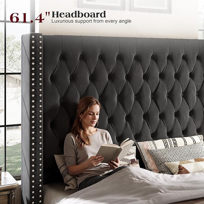 PaPaJet California King Size Bed Frame with 61.4" Tall Wingback Design Headboard, Velvet Upholstered Platform, Handmade Deep Button Tufting, Solid Wood Legs, No Box Spring Needed, Black