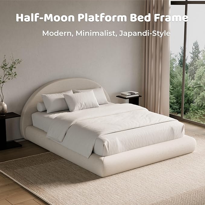 RECCI AirFrame Half-Moon Upholstered Queen Platform Bed Frame, Velvet Curved Arched Base with Headboard, 5 Inch Fully Round Cushioned Foam, No Box Spring Needed, Easy Assembly | Round Shaped, Boucle, Low-profile, Soft