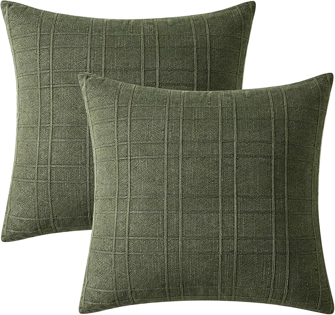 MIULEE Decorative Linen Check Euro Shams Throw Pillow Covers Neutral Farmhouse Vintage Spring Pillow Covers 22x22 Set of 2 Boho Modern Home Decor for Sofa Couch Bedroom Cushion Dark Olive Green
