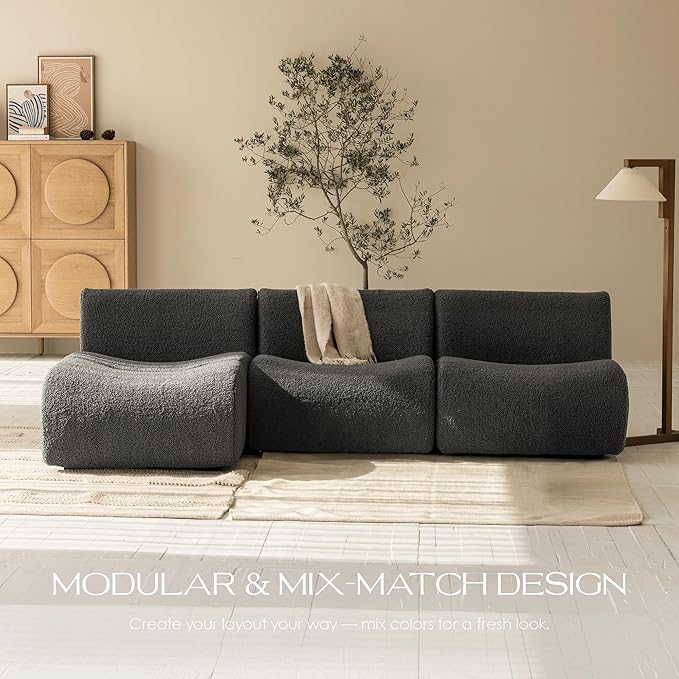 Curved Sectional Couch with Chaise Lounge, 3-Seat Reversible L Shaped Sofa, Deep Seat Sherpa Boneless Modular Couches for Living Room, 101" Modern Curved Sofas – No Assembly, Grey
