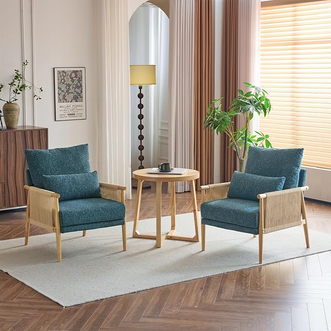 Karl home Cozy Chenille Accent Chair with Lumbar Pillow & Rattan Arms Modern Lounge Chair for Living Room, Bedroom, Reading Nook, Blue & Green