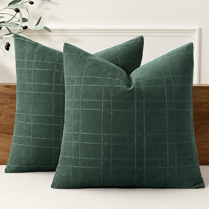 MIULEE Decorative Linen Check Throw Pillow Covers Neutral Farmhouse Vintage Spring Pillow Covers 20x20 Set of 2 Boho Modern Home Decor for Sofa Couch Bedroom Cushion Dark Green