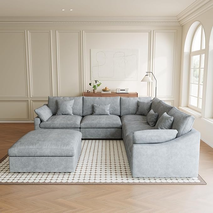 Modular Sectional Sofa Cloud Couch, Oversized 5 Seater Couch with Ottomans, Extra Large V Shaped Deep Seat Couches for Living Room, Sofa Covers Washable&Removable, Grey