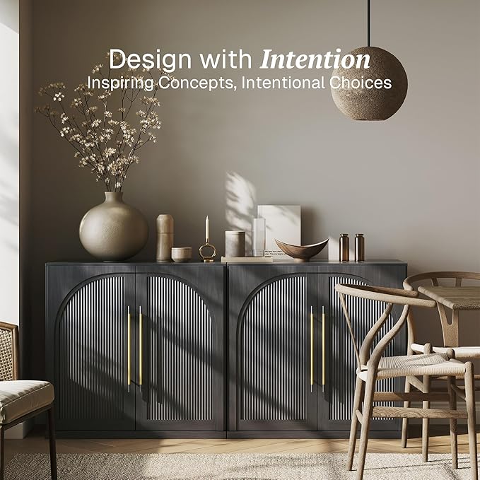 BELLEZE Set of 2 Modular Sideboard with Double-Arc Wood Doors, 65'' Arched Buffet Cabinet with Storage and Adjustable Shelves, Classic Modern Credenza for Dining Room Living Room Entryway (Ebony)