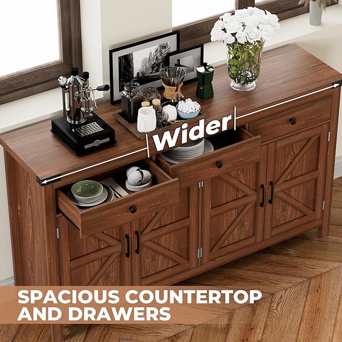 VVFLU 63" Sideboard Buffet Cabinet with Storage, Coffee Bar with 3 Drawers and 4 Barn Doors, Long Wider Storage Cabinet Modern Farmhouse, Cherry Wood, for Kitchen, Dining Room, Living Room