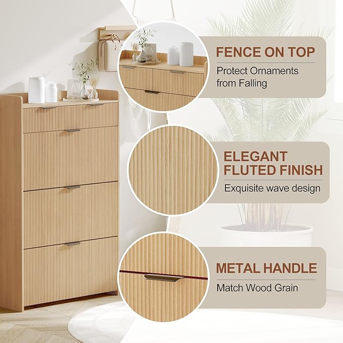 IDEALHOUSE Modern Shoe Cabinet with 3 Flip Drawers & 2 Small Drawers & Hook, Slim Fluted Shoe Storage Organizer, Narrow Entryway Cabinet for Apartment, (Wood Color, 3 Flip Drawers)
