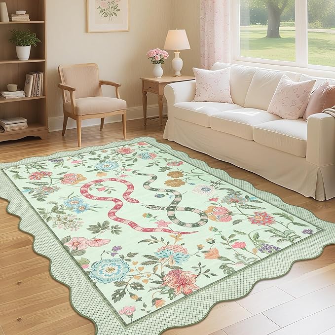Garvee Snake Washable Area Rugs 8x10 Boho Scalloped Living Room Rugs, Botanical Floral Bedroom Rug, Stain-Resistant Low Pile Floor Carpet for Dining Room Dorm Nursery Playroom Farmhouse Office,Green