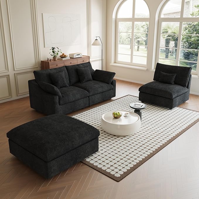 Modular Sectional Sofa Cloud Couch, 119.29" L Shaped Couch with Chaise Ottoman, Linen Blend Fabric Minimalist Deep Seat Couches for Living Room, Sofa Covers Washable&Removable, Black