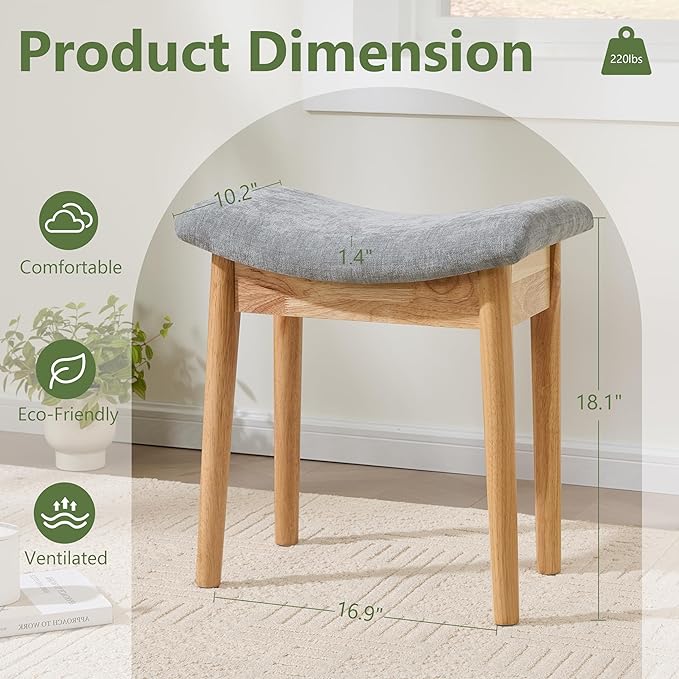 Royal Windsor Vanity Stool with Saddle Cushion, 18 Inch Makeup Vanity Chair for Living Room, Modern Foot Stool Ottoman Piano Bench,Small Upholstered Bench for Bedroom, Grey