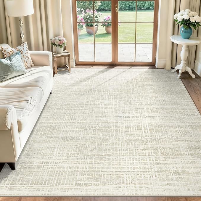 6x9 Area Rugs Washable Rug, Abstract Living Room Rug Large Neutral Modern Area Rug Soft Non Slip Low Pile Stain Resistant Indoor Carpet for Bedroom Nursery Kids Dining Room Office(Beige, 6'x9')