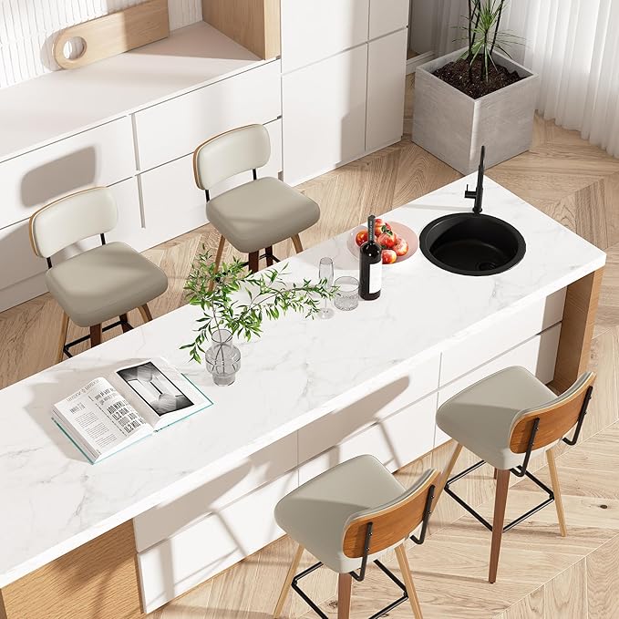 Swivel Bar Stools Set of 6, 26" Upholstered Faux Leather Counter Height Barstools with Walnut Back & Bentwood Legs, Mid Century Modern Bar Chairs Island Stools for Kitchen Counter, Beige Grey