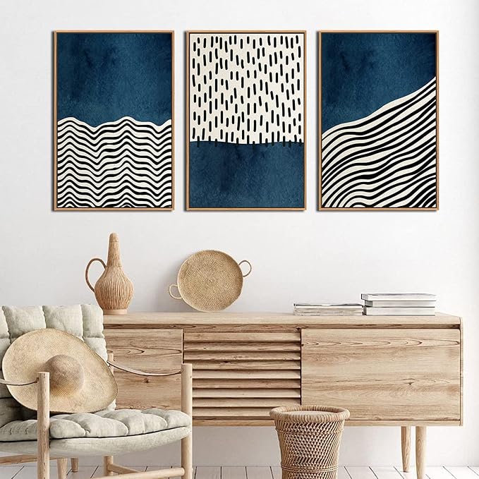 Framed Wall Art Canvas Set Mid Century Boho Picture Modern Abstract Geometric Lines Wall Decor Minimalist Black Indigo Canvas Painting Artwork Living Room Bedroom Home Office 16"x24"x3 Natural