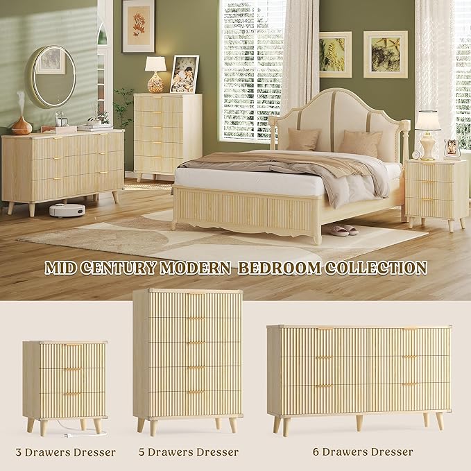 Lulive Wood 3 Drawers Dresser Fluted Night Stand with Charging Station, Storage Nightstand Modern Side Table, Bedside Table for Bedroom, Entryway Natural