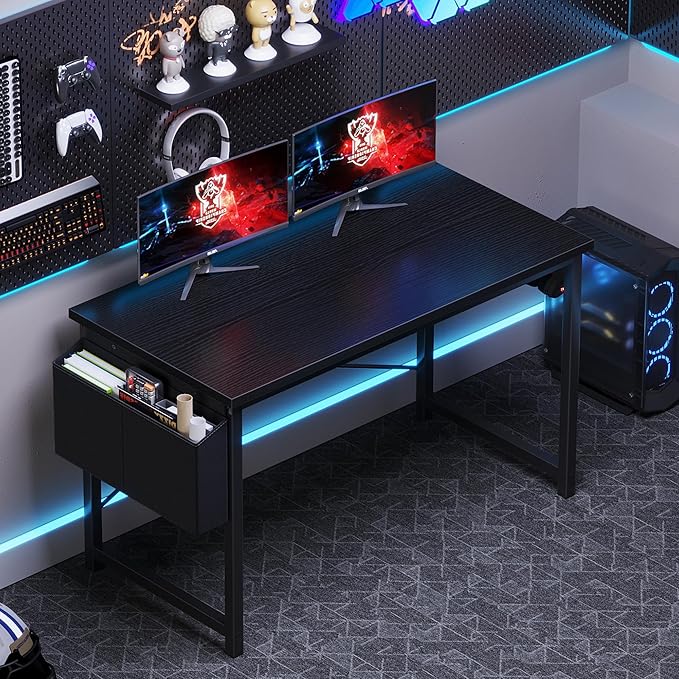 OLIXIS Computer Desk 47 Inch Home Office Desks for Small Spaces, Gaming Writing Study Work Table with Storage Bag and Headphone Hook for Bedroom, Black