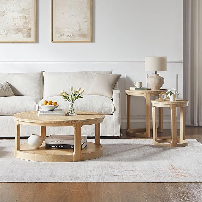 WILLIAMSPACE 24" Round Nesting Coffee Table Set of 2, Solid Wood Coffee Tables Mid Century Rustic Farmhouse Side End Tea Table for Living Room, Apartment (Oak)