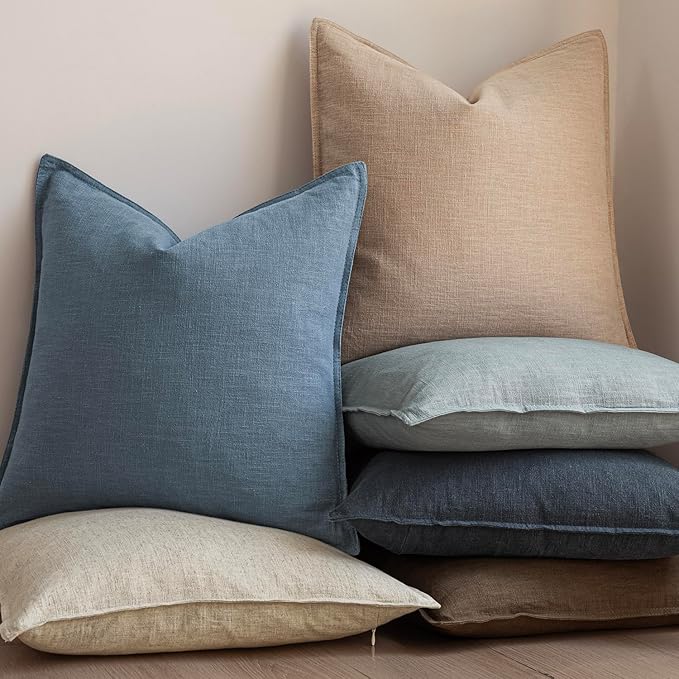 Foindtower Set of 2, Decorative Linen Soild Throw Pillow Covers Soft Accent Euro Cushion Case Boho Farmhouse Neutral Pillowcase for Couch Sofa Bedroom Living Room Home Decor 26 x 26 Inch Misty Blue
