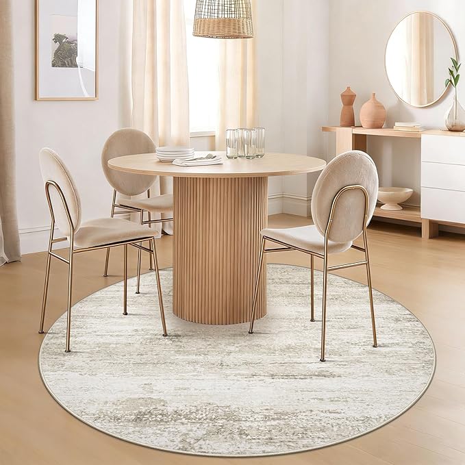 Washable Round Rug 4ft for Bedroom: Circle Neutral Soft Rug Abstract Non Slip Low Pile Modern Area Rugs for Living Room Nursery Office Dining Kids Boys Girls Room Farmhouse Dorm (Beige, 4' Round)