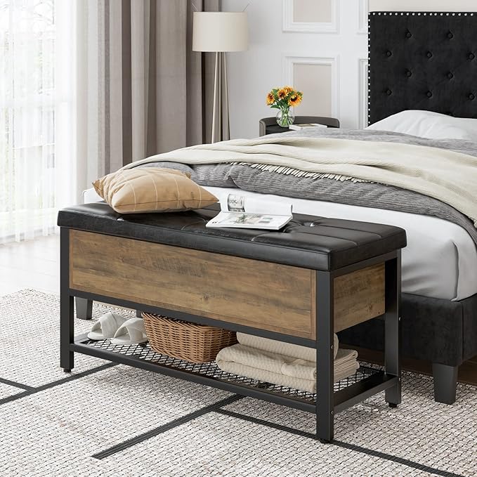 HOSTACK Storage Bench, Entryway Shoe Bench with Flip-Open Storage Box, End of Bed Ottoman Bench with Storage Shelf and Padded Seat for Bedroom, Hallway, Rustic Brown