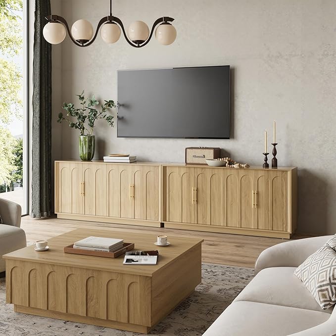 FORTUNETEC Sideboard Buffet Cabinet with Storage, Modern Accent Cabinet with Arched Doors, Boho Modular Media Console, 67" Large Minimalist Credenza for Living Room Kitchen Dining Room Entryway, Oak
