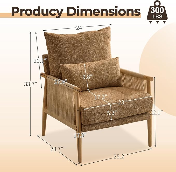 Karl home Cozy Chenille Accent Chair with Lumbar Pillow & Rattan Arms Modern Lounge Chair for Living Room, Bedroom, Reading Nook, Khaki