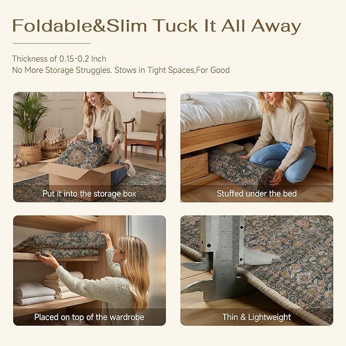5x7 Washable Traditional Area Rug for Living Room Brown Floral Non Slip Low Pile Throw Rug Neutral Vintage Stain Resistant Carpet Bedroom Kitchen Playroom Office Dining Room