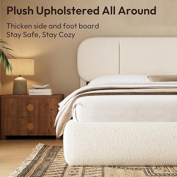 Full Size Bed Frame with Storage, Boucle Cloud Bed with 4 Locking Drawers & LED Lights, Modern Upholstered Platform Bed, Plush Sides & Footboard, Adjustable Headboard, No Box Spring, Beige