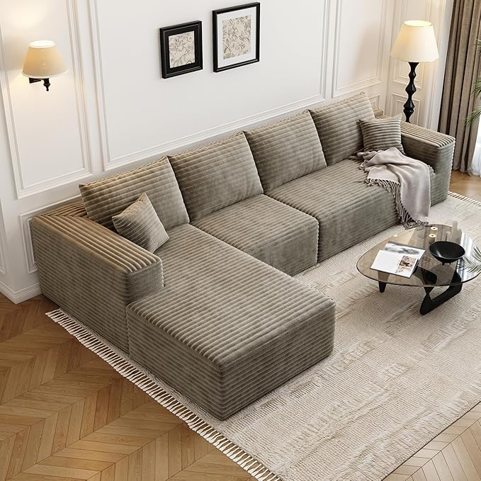 135.4" Cloud Modular Sectional Sofa Couch with L-Shape Chaise,Modern Minimalist Upholstered Couches for Living Room Bedroom,Deep Seat Corner Couch，No Assembly Required (Camel,Left Facing Chaise)