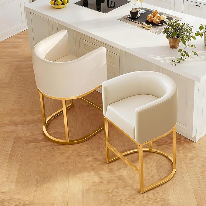 Modern Counter Height Bar Stools,Bar Stools Set of 2,PU Leather Upholstered Barrel Barstools with Backs,26'' Kitchen Island Chairs,Metal Gold Frames,Beige White Leather