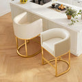 Modern Counter Height Bar Stools,Bar Stools Set of 2,PU Leather Upholstered Barrel Barstools with Backs,26'' Kitchen Island Chairs,Metal Gold Frames,Beige White Leather