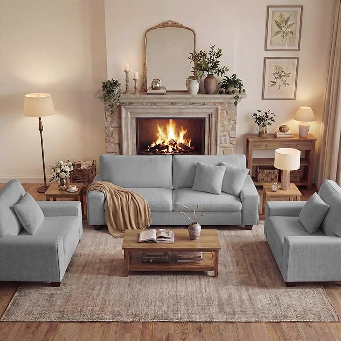 DOPEDIO Modern Living Room Sofa Set, 71.25" Chenille Loveseat with 2 Accent Chairs, Removable Covers, Spring Cushions, Solid Wood Frame, Easy Assembly（71.25inch+2 Single,Light Gray）