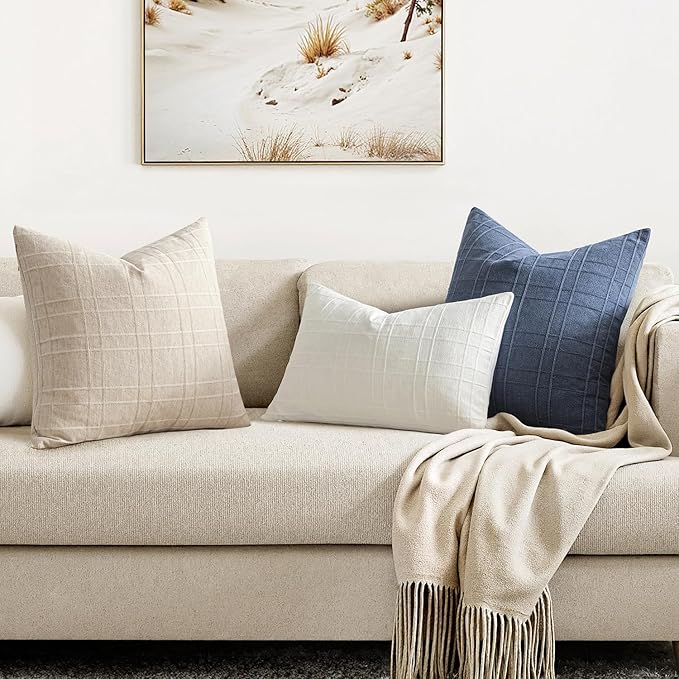 MIULEE Decorative Linen Check Throw Pillow Covers Neutral Farmhouse Vintage Pillow Covers 20x20 Set of 2 Boho Modern Home Decor for Sofa Couch Bedroom Cushion Cream White
