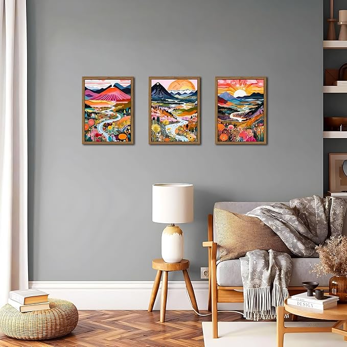 Wood Frame Boho Colorful Wall Art, Set of 3 Abstract Watercolor Mountain Landscape Wall Decor Paintings, Modern Flower Aesthetic Posters Prints for Living Room Bathroom Bedroom 16x24In Framed