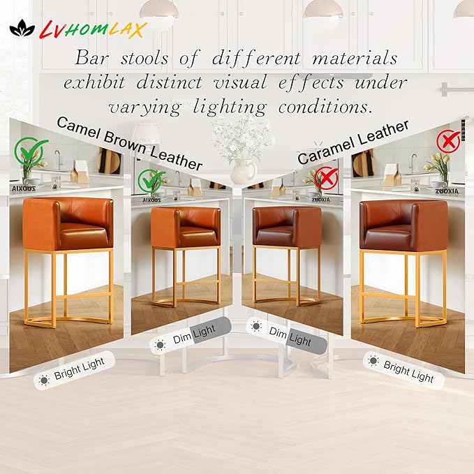 Modern Counter Height Bar Stools,Bar Stools Set of 3,PU Leather Upholstered Barrel Barstools with Backs,24'' Kitchen Island Chairs,Metal Gold Frames,Camel Brown Leather