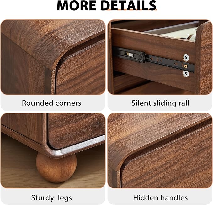 AVZEAR Small Night Stand with 2 Drawers, Mid Century Modern Nightstands with Solid Wood Legs, 2 Drawer Dresser Curved Profile Design End Table Side Table for Small Space, Dorm, Bedroom(Walnut)