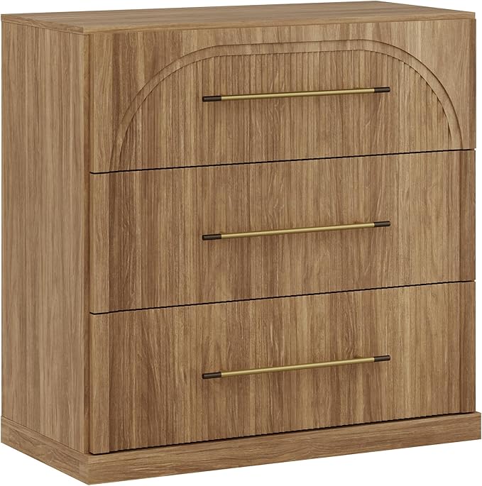 BELLEZE Fluted Modular Sideboard Cabinet, Classic Modern Buffet Cabinet with 3 Drawers, Accent Credenza Storage Cabinet for Dining Room Living Room Entryway (Camel)