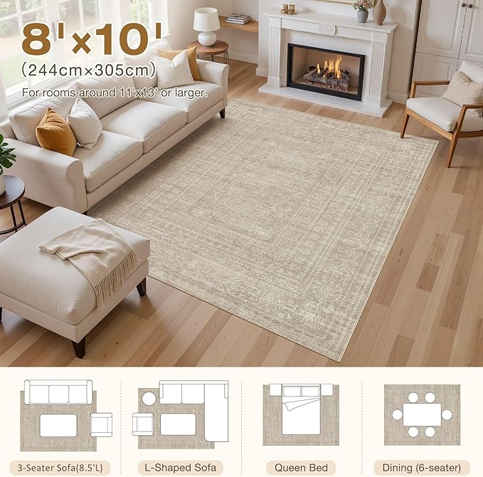Nakagishi 8x10 Area Rugs Living Room: Washable Large Vintage Rug Neutral Non-Slip Soft Stain Resistant Indoor Carpet for Bedroom Nursery Dining Room Under Table Bed Home House Office Playroom - Brown