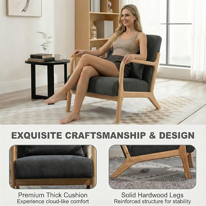 Mid Century Modern Accent Chair with Wood Frame and Linen Fabric Upholstery, Comfortable Lounge Armchair with Pillow, Wooden Accent Chair for Living Room, Bedroom, or Reading Corner