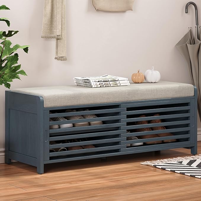 LUMISOL Shoe Bench with Storage and Cushion, Farmhouse Distressed Shutter Storage Bench with Retro Charm for Living Room, Entryway, Navy