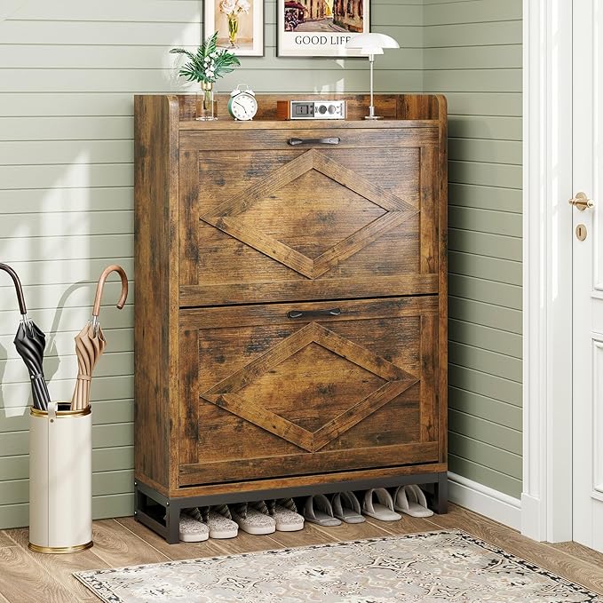 GRUSIGN Shoe Cabinet, Shoe Storage Cabinet with 2 Flip Drawers & Adjustable Shelf, Space-Saving Shoe Organizer – Holds 12+ Pairs, Narrow Shoe Cabinet Storage for Entryway/Hallway（Brown）
