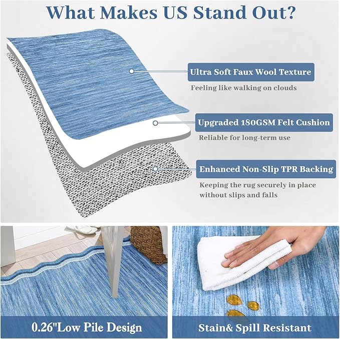 Garvee Scalloped 9x12 Area Rugs for Living Room Large Washable Rugs,Neutral Solid Rug Stain Resistant Non Slip Floor Mat Carpet Indoor Accent Rug for Bedroom Dining Room Playroom Home Decor,Blue