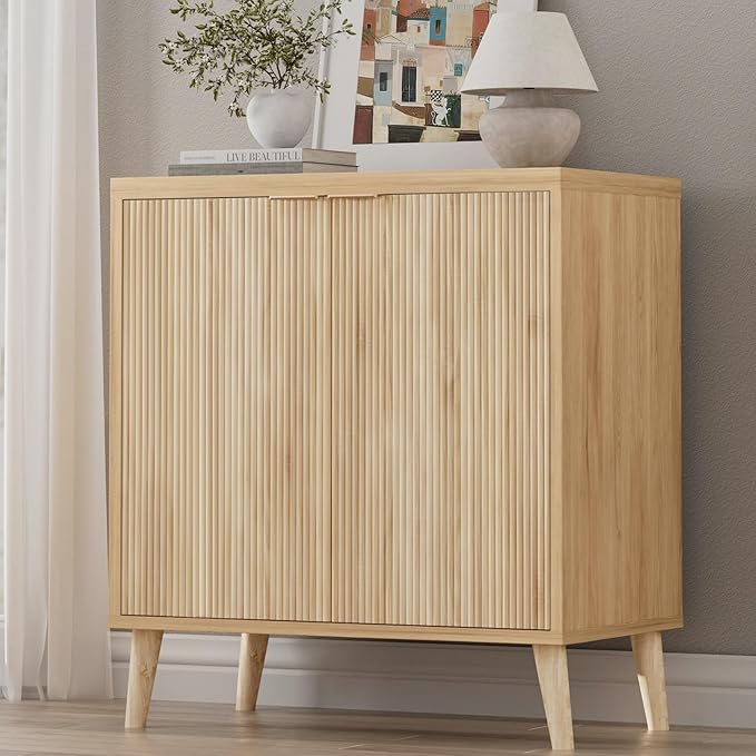 Homleke Buffet Cabinet with Storage, Modern Fluted Accent Sideboard with Doors & Adjustable Shelves, Buffet Table Entryway Cabinets for Living Room, Kitchen, Dining Room, Hallway, Natural