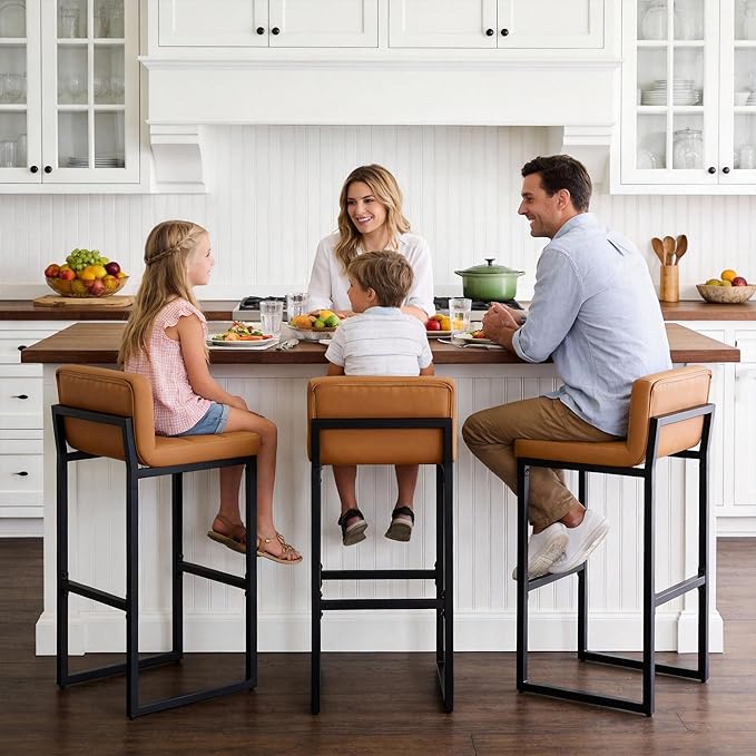 FIRAVOE Set of 3 Bar Stools, PU Leather Barstools, 30" Modern High Counter Stools with Back and Thickened Metal Legs, Upholstered Island Chairs for Kitchen Island (Caramel Brown, 3Pcs 30" Bar Stools)