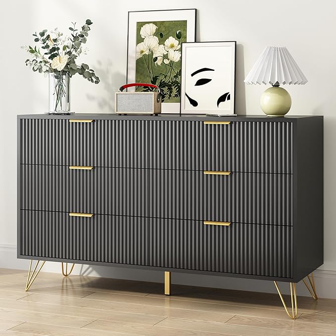 Black Dresser for Bedroom, 6 Drawers Wood Dresser with Golden Handle, Modern Wood Chest for Living Room, Hallway, Entryway