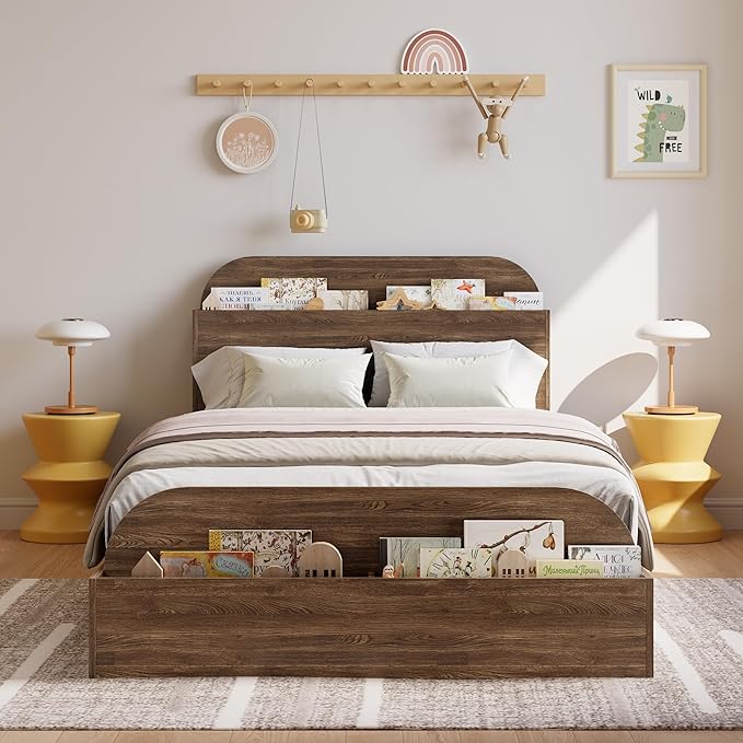 GarveeHome Twin XL Size Bed Frame, Wooden Beds with Storage Headboard and Raised-Foodboard, Twin XL-Floor Low Platform Bed for Bedroom, Sturdy Wooden Slats Support, No Box Spring Needed, Walnut