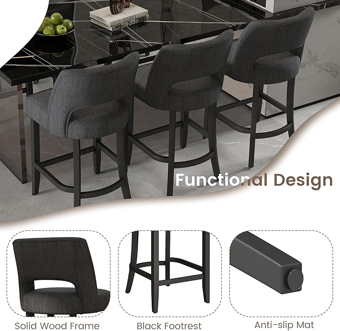 VKNOW Bar Stools Set of 6, 26" Upholstered Counter Height Bar Stools, Modern Counter Stools with Black Legs for Kitchen Island Dining Room Bar, Dark Grey-Black Legs