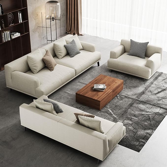 3-Seater Living Room Sofa - Modern Leisure Modular Sofa with Wooden Frame and Metal Legs, Soft Cotton-Linen Fabric, Easy to Install, Suitable for Office, Apartment, and Living Room, Grey, 82.6"